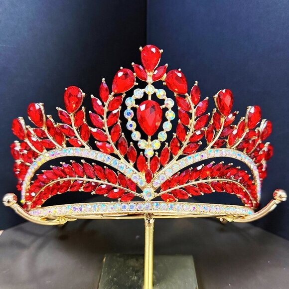 Red Ruby Crystal Crown, Quinceanera Crown, Gold Wedding Tiara, Princess Tiara - Picture 1 of 8